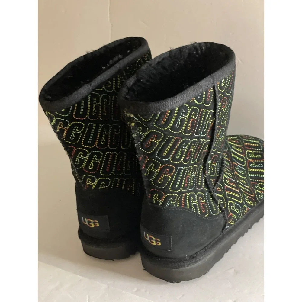 Ugg Boots Girls size 4 Graphic stitch rainbow colorful black slip on bootie